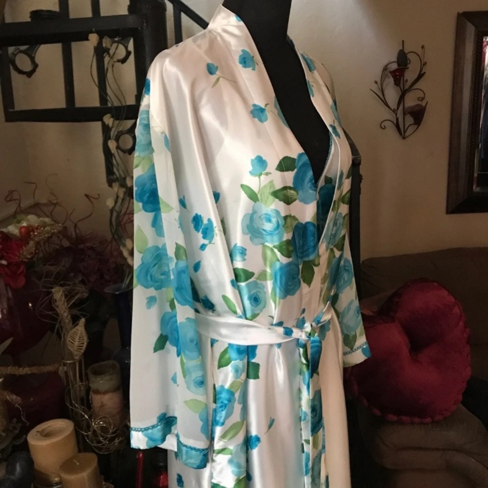 Vintage Satin Green Blue Floral Long Slip Dress Nightgown Robe - Picture 6 of 7